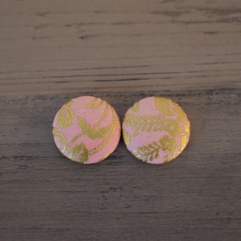 Pink and Gold Handmade Button Earrings